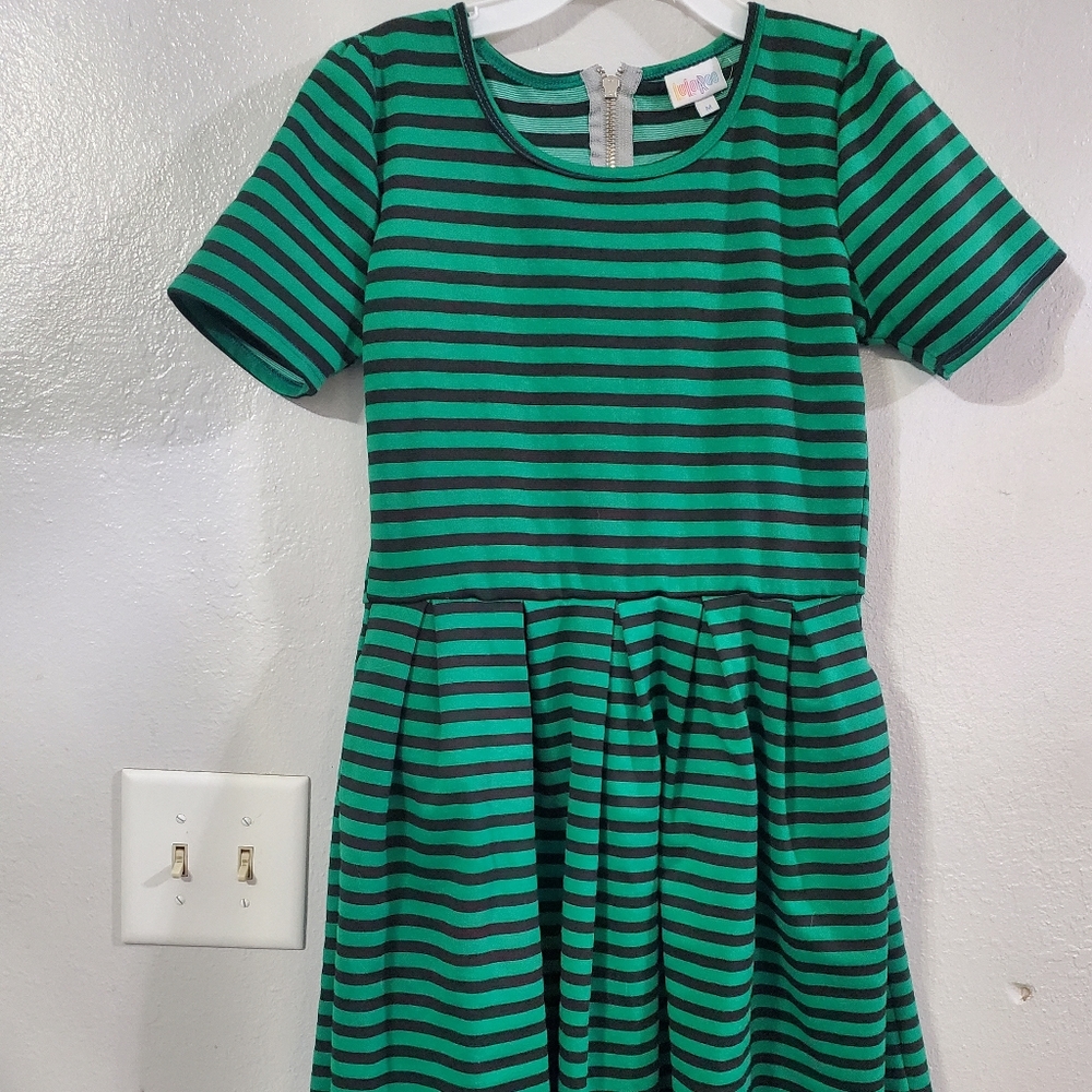 Lularoe green and black striped Amelia dress